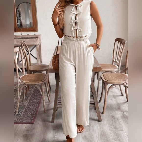 Linen 2pcs Women's Solid Color Lace Patchwork Bow Tie Sleeveless Top And Pants - Picture 6 of 6